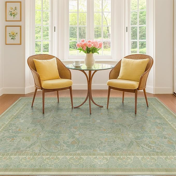 Sage Green Living Room Rugs 5x7, Soft Washable Non Slip Area Rugs for Nursery, Bedroom, Playroom, Dorm, Light Green Low Pile Floor Mat, French Country Aesthetic Indoor Carpet