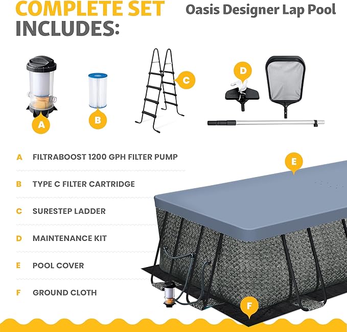 Funsicle Oasis Designer Lap 18' x 9'x 52" Rectangular Above Ground Swimming Pool, with FiltraBoost 1200 GPH Filter Pump, Ladder, Maintenance Kit, Cover, Ground Cloth & Repair Patch, Dark Herringbone | With FiltraBoost 1200 GPH Pump, Ladder, Maintenance...