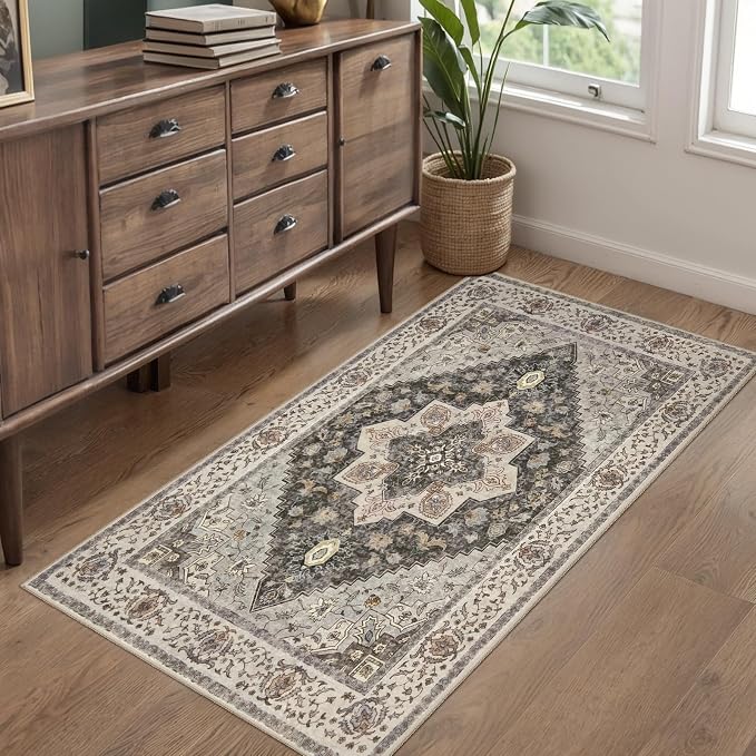 Tangsoo 2x4 Runner Washable Rugs for Entryway, Non Slip Small Area Rug | Farmhouse Indoor Front Door Print Rug, Vintage Small Carpet Soft Low Pile Rugs for Entrance Entry Kitchen Bathroom Grey/Multi