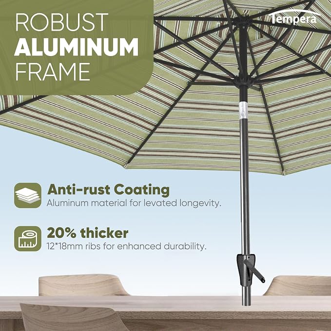 Tempera Patio Market Outdoor Table Umbrella with Push Button Tilt and Crank, Large Sun Umbrella with Sturdy Pole & Fade Resistant Canopy, Easy to Set