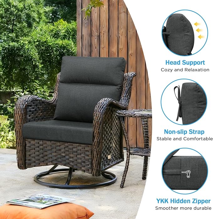 Sunbrella Outdoor Patio Chair Cushions 44x21x3.5 inch, Set of 2 Thicken Comfy Cushions for Rocker Non Slip Fade Shield Water Repellent High Back with Ties, Canvas Coal