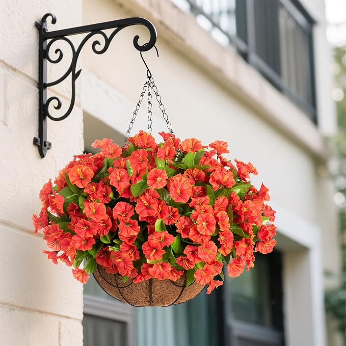 Ammyoo Artificial Hanging Flower Plants with Basket for Summer Fall Outdoor Decoration, Faux Petunias Flowers Fake Morning Glories in Basket for Outside Patio Garden Porch Balcony Yard Decor(Orange)