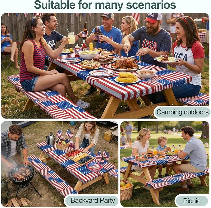 Play Tailor Picnic Table Cover with Bench Covers Camping Essentials Waterproof Windproof Camping Tablecloth with Drawstring Bag, Fitted Rectangle Tables and Seats, 72in, Red Blue White