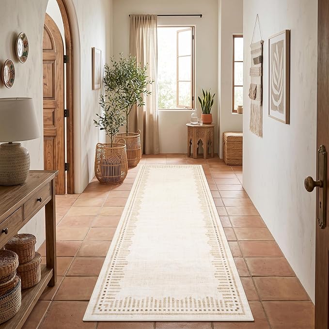 Garvee 2x8 Runner Rug Hallway Kitchen Washable Neutral Solid Beige Runners | Low Pile Stain Resistant Modern Geometric Living Room Bedroom Long Runner Throw Carpet Scalloped Nuesery Entry Area Rugs