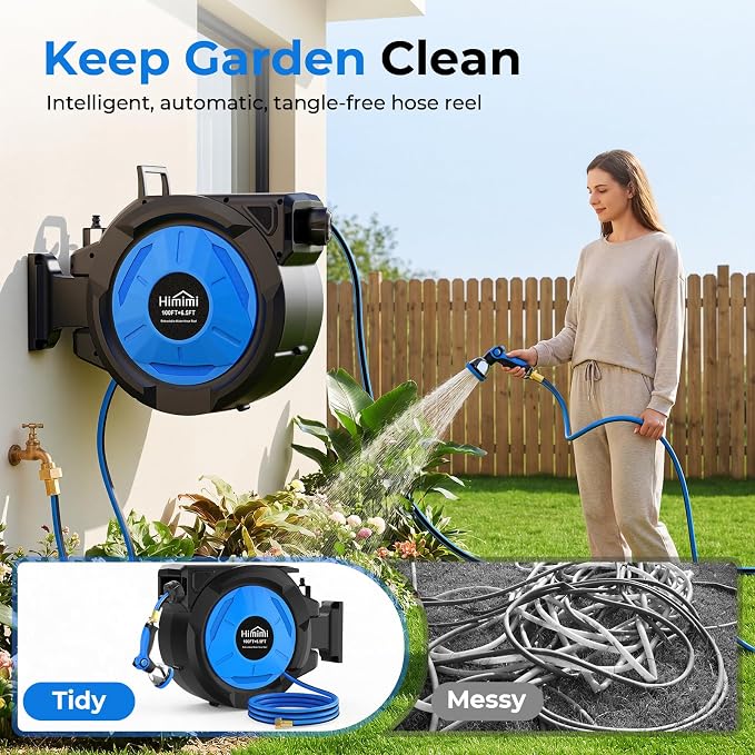 Retractable Garden Hose Reel, 1/2 Inch x 100 ft + 6.6 ft Heavy Duty Wall Mounted Hose Reel with 10 Patterns Nozzle, Any Length Lock, Upgraded Slow Return System, 180°Swivel Bracket and UV Resistant