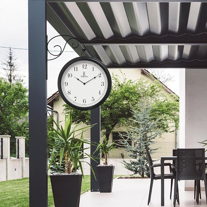 Large Metal Double Sided Wall Clock 13.4" - Decorative Indoor Outdoor Double Sided Clock - Easy to Read, Hanging Train Station Style for Patio, Garden, Office - Antique Style Outside Corner Wall Decor