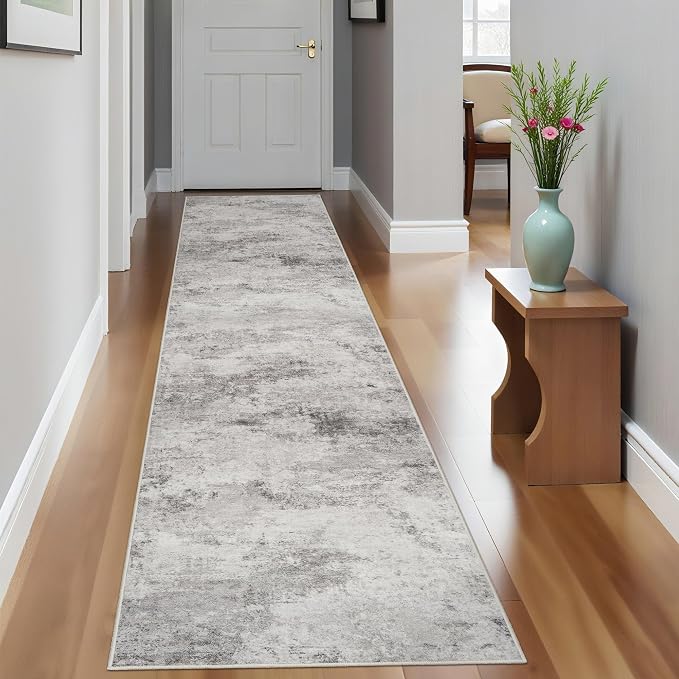 2x10 Grey Abstract Washable Rug:Non Slip Hallway Runner Rug | Soft Stain Resistant Thin Carpet, Low Pile Easy to Maintain, Perfect for Kitchen, Entryway, Bedroom and Homes with Pets