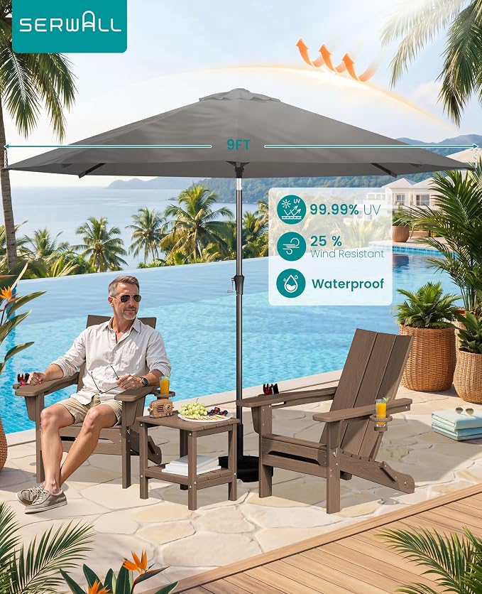 SERWALL Modern Folding Adirondack Chair Set with 9 Ft Umbrella, Folable Adirondack Chairs Set of 2 with Cup Holders, HDPE Fire Pit Chairs for Patio Lawn Garden, Brown (Umbrella Base is not Included)