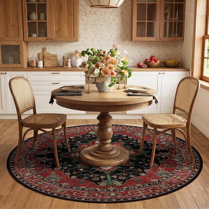 RELEANY Washable Area Rug, Round 6ft, Red/Black | Non-Slip, Water Repellent, Pet Friendly, Easy to Clean, Vintage Floral Boho Decor for Living Room Bedroom Dining Room
