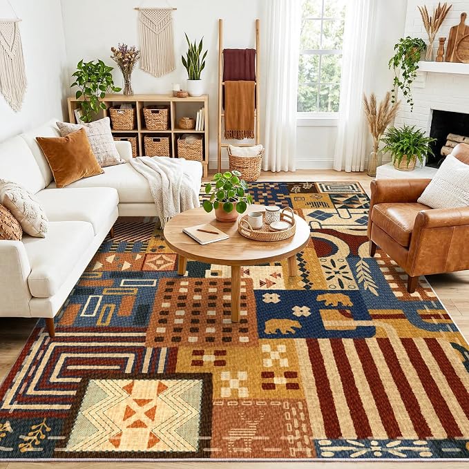Awaytail Washable 8x10 Area Rug for Living Room, Navy Rust Animal Patchwork | Soft Faux Wool Low-Pile Large Rug with Non-Slip TPR Backing for Living Room, Bedroom, Dining Room and Home Office