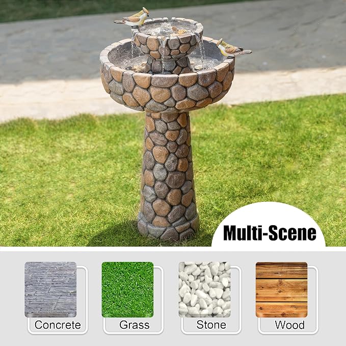 Glitzhome Water Fountain Outdoor with Birds Decor, 24.4”H 2-Tier Bird Bath Outdoor Fountain with Pump, Freestanding Garden Waterfall Fountains Water Feature