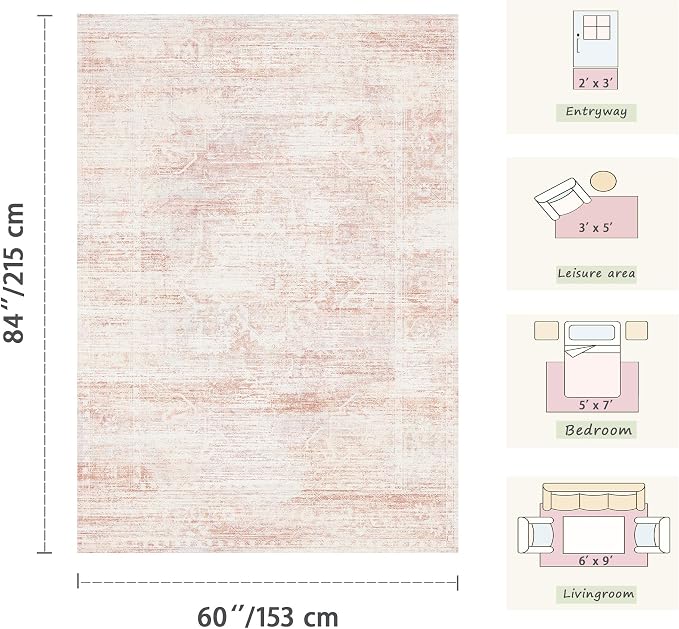 Latte&Fog 3x5 Entryway Pink Area Rugs, Vintage Floral Washable Cute Rugs | for Girls Bedroom Dining Kitchen Kids Playroom Nursery Classroom Dorm Farmhouse Office, Non Slip Low Pile Soft Floral Carpet