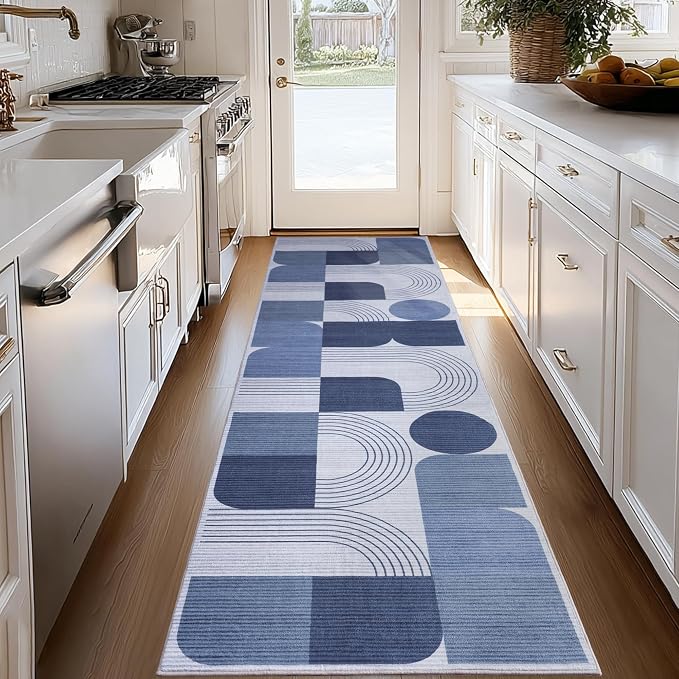 Soft Modern Geometric Abstract Machine Washable 2.7x10 Runner Rug | Blue Rugs for Bedroom Living Room, Non-Shedding Faux Wool Indoor Throw Floor Carpet for Office Entryway Dining Room Decor
