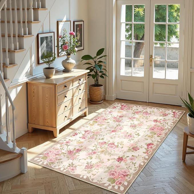 Lahome Floral Washable 3x5 Rug, Small Girls Rugs for Bedroom Soft Non-Slip,Entry Way Rugs Indoor Low Pile Carpet for Nursery Kids Playroom Nina Beige/Pink/Multi