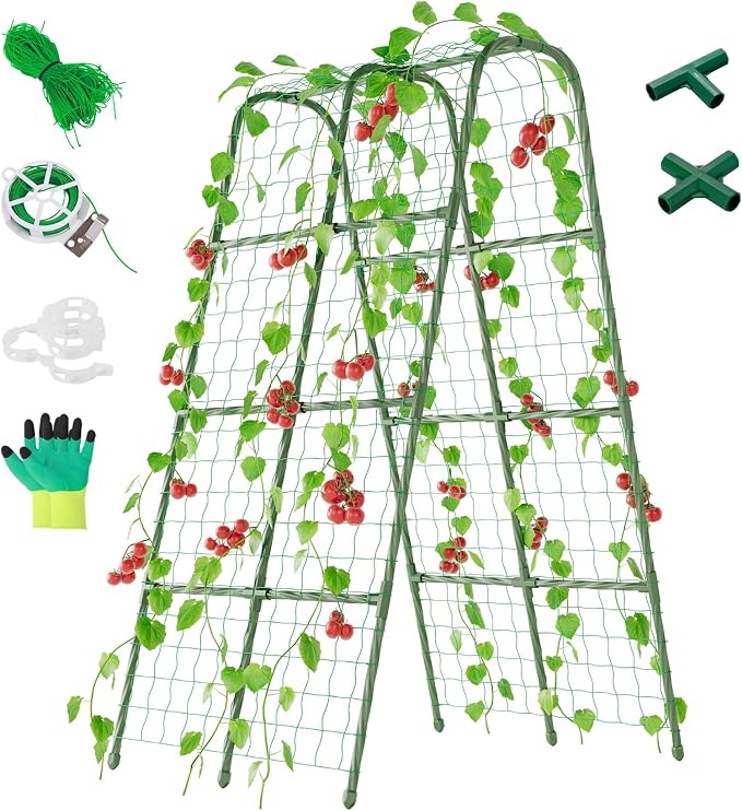 Miory Cucumber Trellis for Raised Bed, Garden Arch Trellis for Climbing Plants Outdoor, Steel with Plastic Coated Plant Support for Vines with Plastic Connector Nylon Netting (32" Lx32 Wx63 H)
