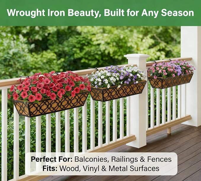 Y&M Railing Planter Boxes 24 Inch 4 Pack, Hanging Balcony Planter, Adjustable Deck Railing Planter Box, Metal Window Boxes Outdoor for Fence, Porch Flower Pots Holder