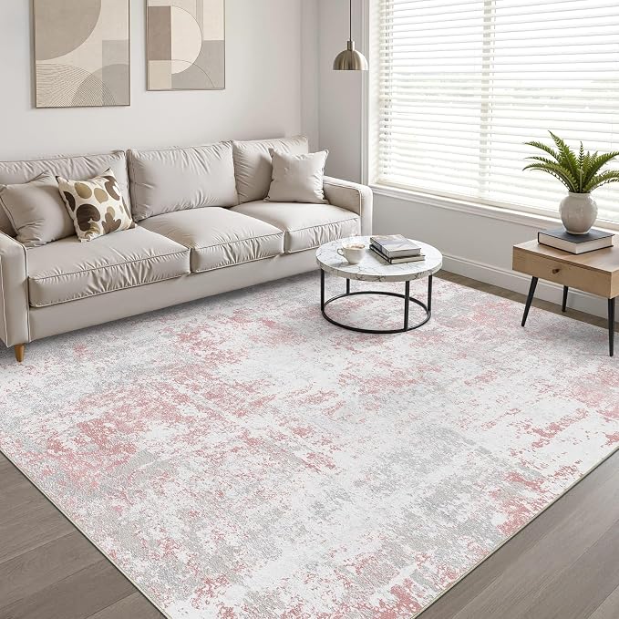LOONGRUG 7x9 Area Rug Washable Neutral Modern Rug for Living Room Pink Gray | Abstract Soft Stain Resistant Indoor Non-Slip Carpet for Bedroom Nursery Kids Office Playroom Dining Room