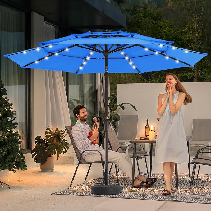 JEAREY 3 Tiers Patio Umbrella with Solar Lights 9ft Outdoor Market Table Umbrellas with Push Button Tilt for Outside Pool Garden, Royal Blue