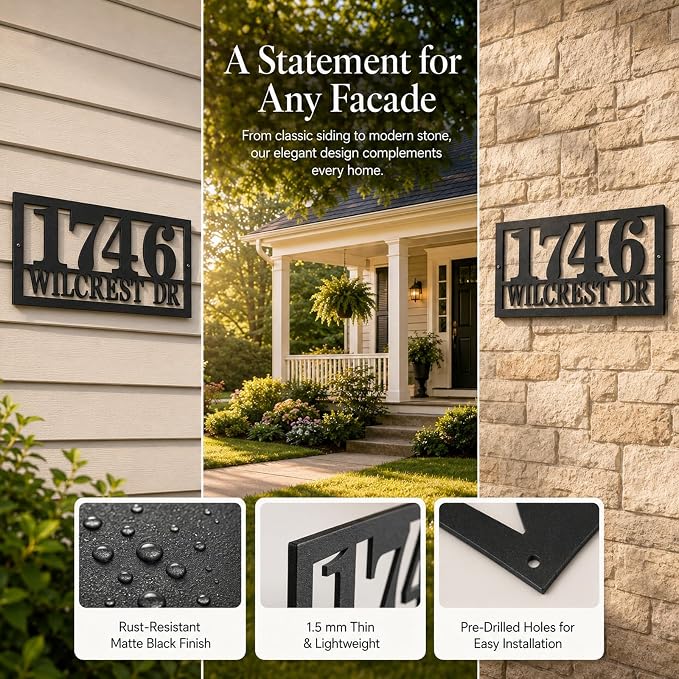 Custom Metal Address Sign Personalized House Number Plaque with Street Name for Outside Home Modern Black Address Numbers Sign for Front Porch Entryway Fence Gate Mailbox Wall Decor