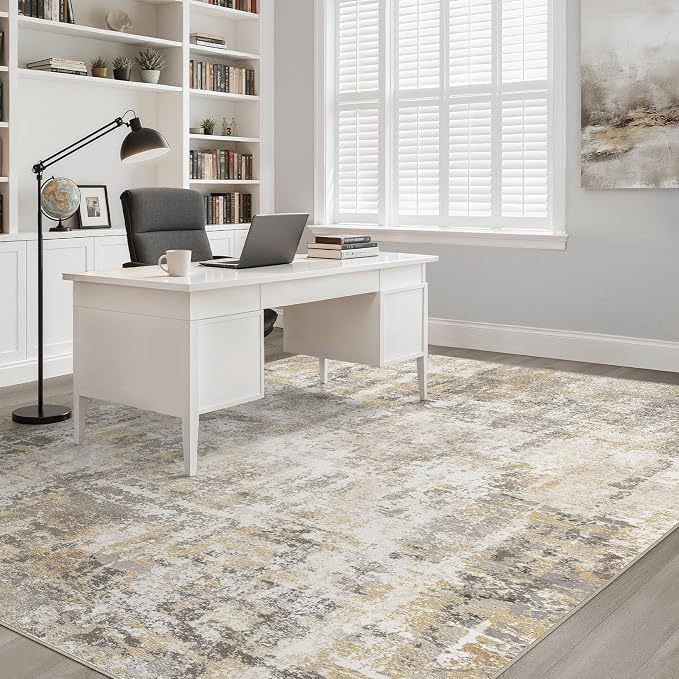 LOONGRUG 7x9 Area Rug Washable Neutral Modern Rug for Living Room Gray Gold | Abstract Soft Stain Resistant Indoor Non-Slip Carpet for Bedroom Nursery Kids Office Playroom Dining Room