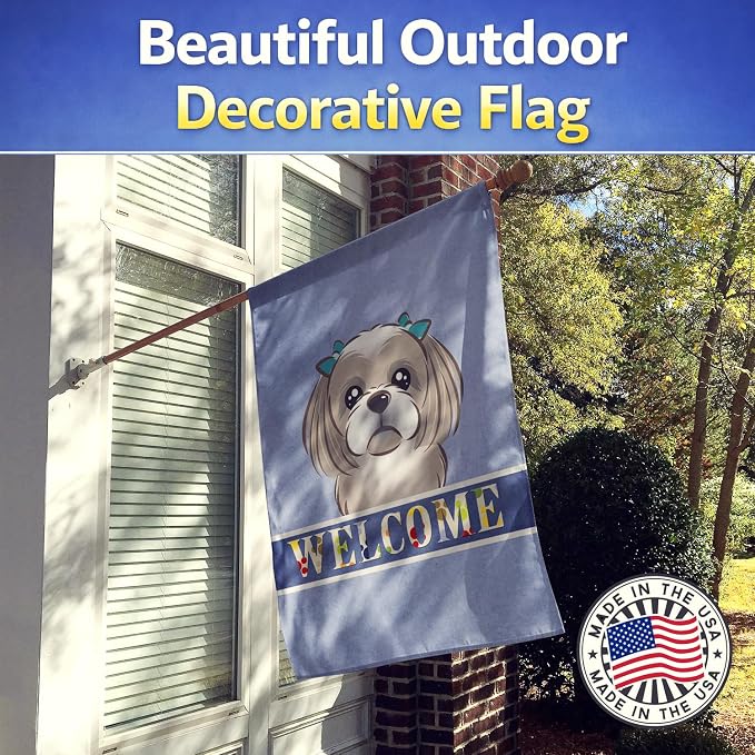 Caroline's Treasures BB1436CHF Gray Silver Shih Tzu Welcome House Flag, Blue Large Porch Sleeve Pole Decorative Outside Yard Banner Artwork Wall Hanging, Polyester, House Size, Multicolor