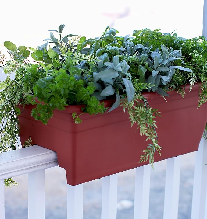 The HC Companies 24 Inch Deck Rail Box Planter Lightweight Outdoor Plastic Plant Pot for Herbs and Flowers, White