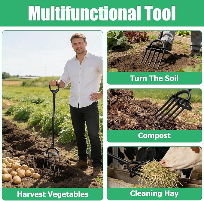 LLARGUEST Pitch Fork, 69" Heavy Duty Metal Garden Fork for Loosening Soil Broadfork with Ergonomic D-Grip Handle, 5-Tine Digging Fork Hay Fork for Compost,Mulching,Manure.