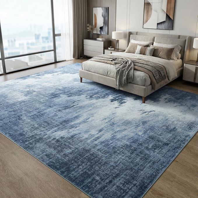 6x9 Modern Faded Gradient Abstract Washable Area Rug for Living Room | Soft Non-Slip Low Pile Bedroom Carpet, Stain Resistant Indoor Rugs for Mid-Century, Farmhouse, Coastal Home Decor, Blue