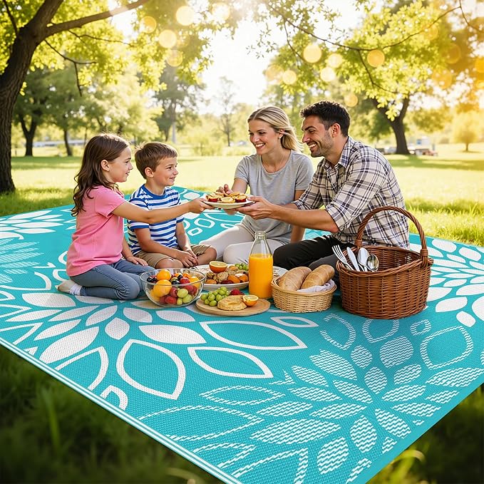 HEBE Waterproof Outdoor Rug 8x10 for Patios, Floral Reversible Plastic Straw Rug Patio Mat, Indoor Outdoor Carpet RV Mat Camping Rug for Deck, Camper, Porch, Balcony, Backyard, Picnic