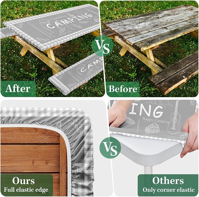 Picnic Table Cover with Bench Covers Elastic Edges, Grey Camper Fitted Table Cover, Outdoor Patio Camping Essentials 72 Inch 3PCS, Waterproof Camping Fitted Tablecloth with Drawstring Bag
