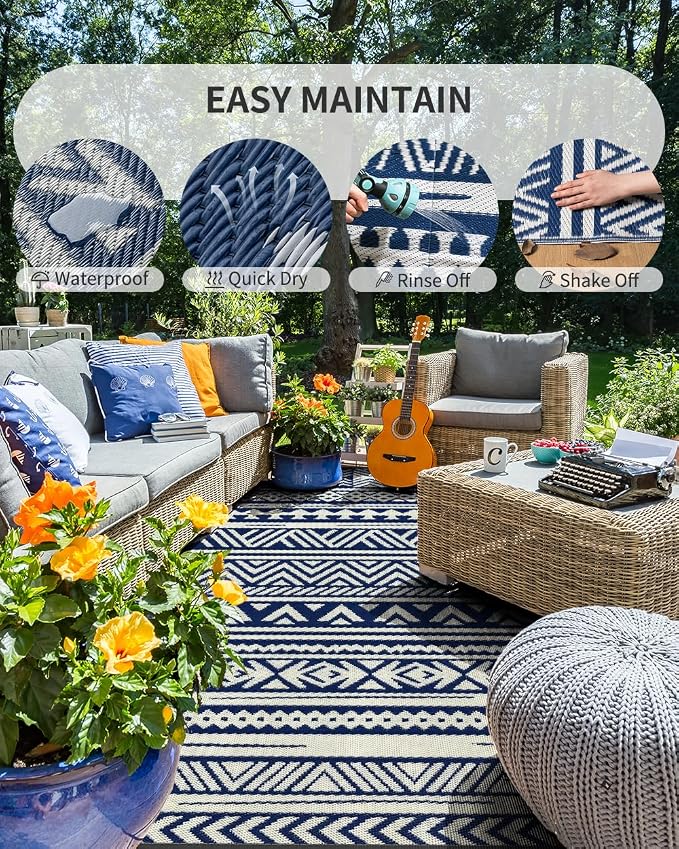 MontVoo Outdoor Rug 8x10 Waterproof Outdoor Patio Rug Mat Reverisble Plastic Straw Outdoor Rug for RV Camping Picnic Beach Balcony Boho Navy Blue