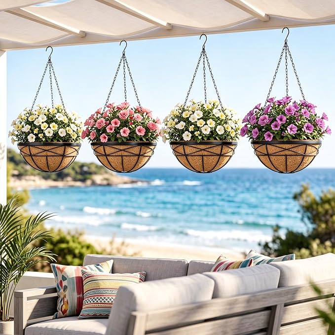2 Pack 20 Inch Extra Large Deep Hanging Planters for Outdoor Plants Watering Hanging Baskets Flower Pots with Coco Liners Metal Hanging Plant Holder for Porch Balcony Garden Decor