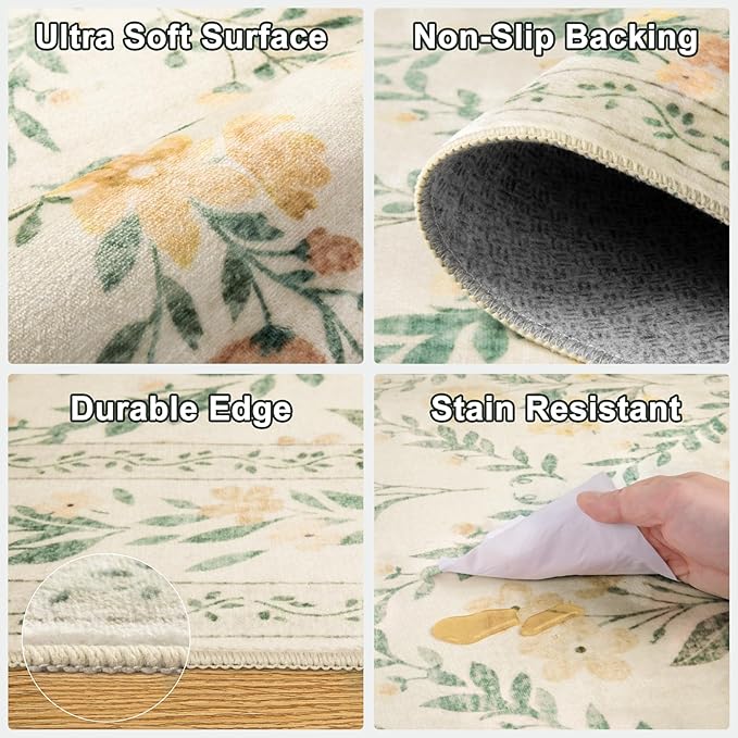 PLHXFR Area Rug Living Room: 5x7 Floral Washable Boho Carpet Beige Multi | For Bedroom Dining Room Farmhouse Nursery Hallway,Vintage Floral,Machine washable,Non Slip,Stain Resistant,Large Indoor