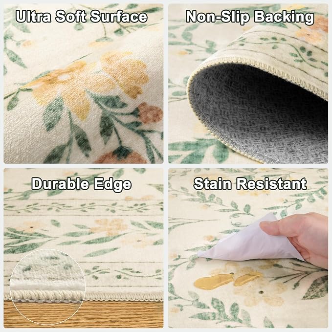 PLHXFR 8x10 Area Rug Living Room: Floral Washable Boho Carpet Beige Multi | For Bedroom Dining Room Farmhouse Nursery Hallway,Vintage Floral,Machine washable,Non Slip,Stain Resistant,Large Indoor