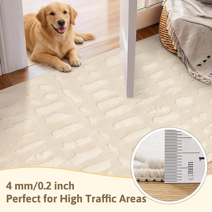 Yamaziot Washable 3x5 Area Rugs for Living Room Textured Non Slip Rug Beige | Modern High-Low Geometric Pattern, Soft Fluffy, Neutral, Minimalist Floor Carpet for Bedroom Nursery Kids Room Entryway
