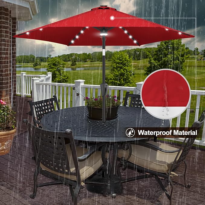 FLAME&SHADE 7.5 FT Solar Light Patio Umbrella, 24 LED Lights Outdoor Umbrella with Centre Surround Light, Table Umbrella Outdoor Patio for Deck, Pool, Backyard, Garden, UV Protection (Red)