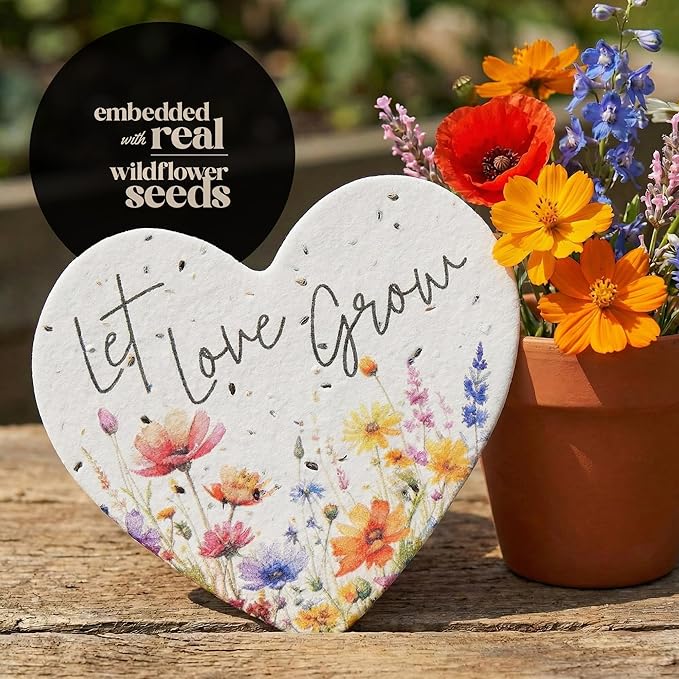 50pcs Large (2.5" h x 2.85" w) Let Love Grow Heart Seed Paper – Writable & Plantable Wildflower, Mom's Gift for Birthday, Use for Wedding, Baby Shower, & Heart Party Favors