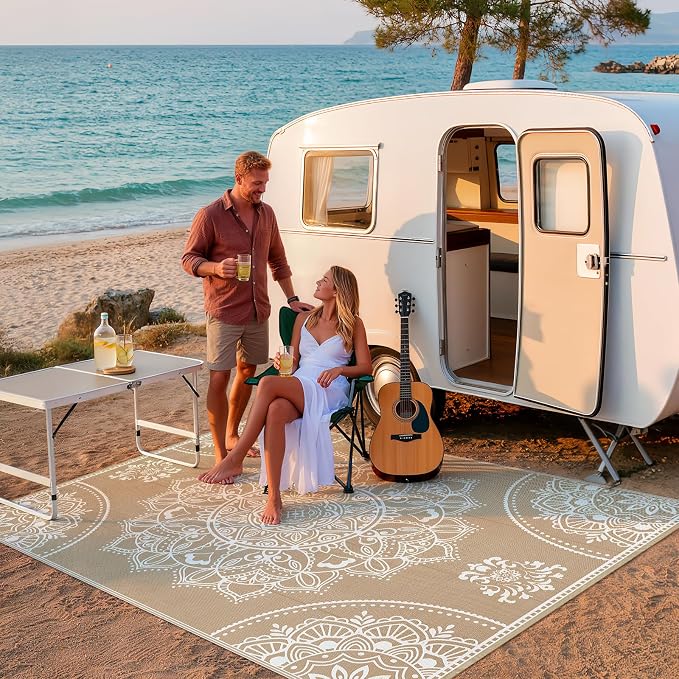 Pauwer Waterproof Outdoor Rug 9x12, Reversible Plastic Straw Patio Camping Rug, Indoor Outdoor RV Mat Carpet for Deck, Camper, Porch, Balcony, Backyard, Picnic, Floral Brown
