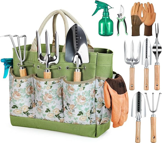 Grenebo Gardening Tools 9-Piece Heavy Duty Garden Hand Tools with Fashion and Durable Garden Tools Organizer Handbag, Rust-Proof Garden Tool Set, Ideal Gardening Gifts for Women