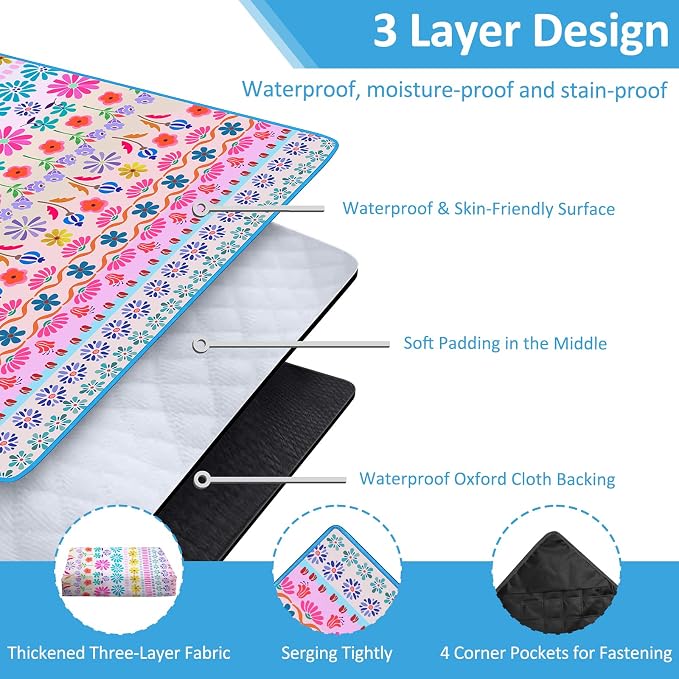 Floral Picnic Blankets Waterproof Foldable, 80″X80″ Extra Large Picnic Mat Boho Outdoor Blanket for Grass, Cute Packable Beach Blanket Sandproof Picnic Accessories for Camping Music Festival Park Lawn