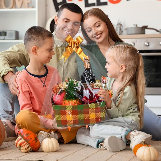 Qinyoung 12 Pcs Thanksgiving Basket for Gifts Empty 9.8 x 6.5'' Fall Plaid Gift Basket Empty to Fill with Handles, Bows, Plastic Bags and Twist Ties for Autumn Thanksgiving Party Favor Supplies