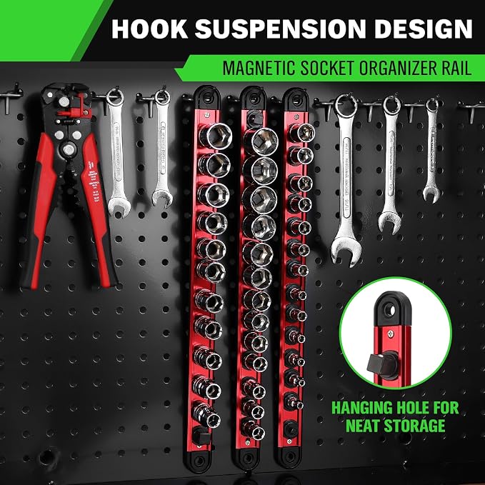 3/8-Inch Magnetic Socket Organizer Rail, Aluminum Alloy Socket Rail, Heavy Duty Sockets Holder with 14 Clips, 360° Swivel Clip Tool Tray, Sockets Organizer for Tool Box Drawer (Red)