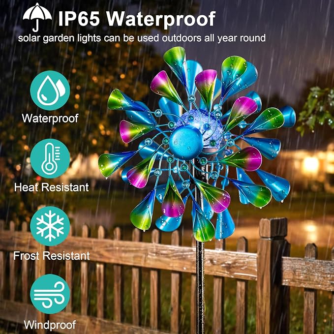 Solar Wind Spinner Outdoor Metal - Peacock Kinetic Garden Sculptures with Color-Changing LED Lights, Waterproof Wind Catchers Yard Art Decor for Patio Lawn, for Women (Green)