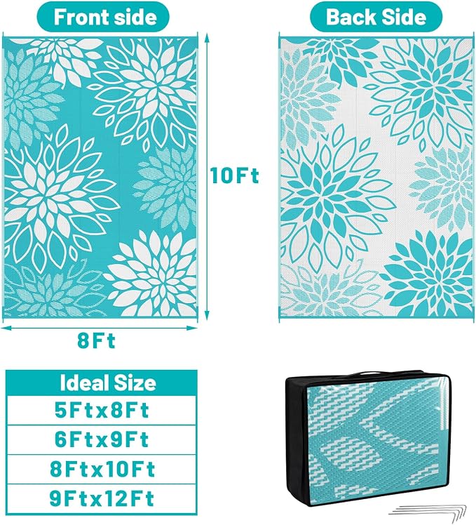 HEBE Waterproof Outdoor Rug 8x10 for Patios, Floral Reversible Plastic Straw Rug Patio Mat, Indoor Outdoor Carpet RV Mat Camping Rug for Deck, Camper, Porch, Balcony, Backyard, Picnic