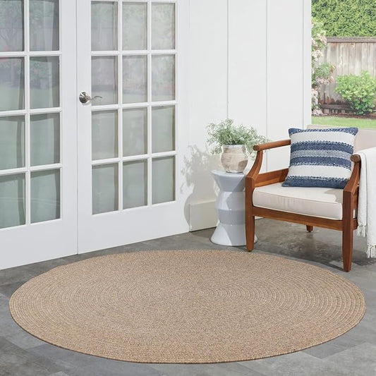 Superior Indoor/Outdoor Area Rug, Reversible Braided Floor Decor for Living Room, Kitchen, Patio, Front Porch, Modern Boho Farmhouse Rugs, Hardwood, Bedroom Accessories, 4' Round, Latte