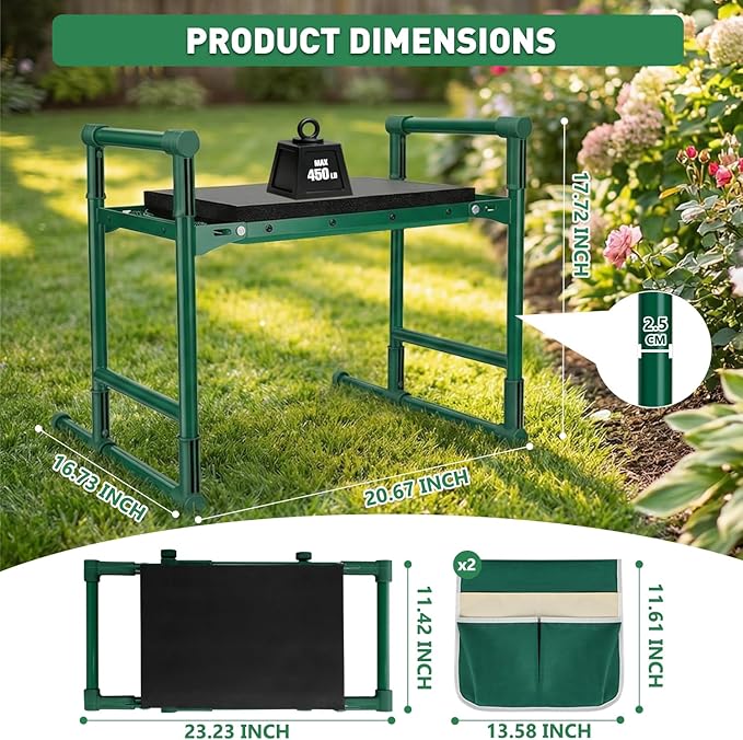 Garden Kneeler and Seat for Seniors – Heavy Duty Anti-Tip Gardening Stool with Widened Thick Soft Kneeling Pad, Foldable Garden Bench with Sturdy Handles, Gardening Gifts for Women Men Mom (Green)