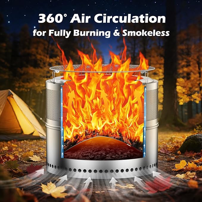 Smokeless Fire Pit Outdoor, 20 Inch Portable Stainless Steel Smokeless Firepit with Grill Grate, Ash Pan & Carry Bag, Low Smoke Wood Burning Fire Pits for Camping, RV, Patio, Compact Storage