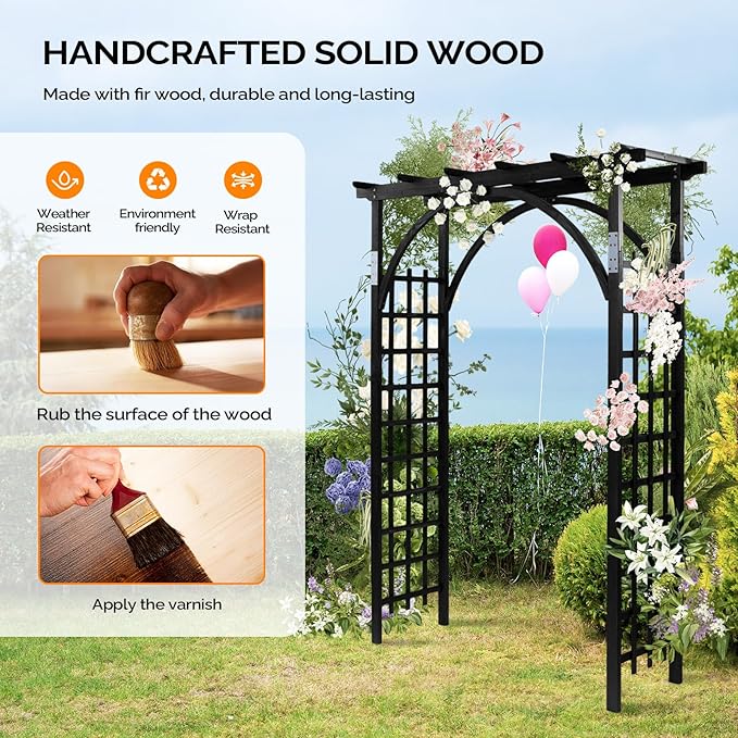VINGLI 85in Wooden Arbor Garden Arch, Wedding Arch for Ceremony, Wood Trellis for Plant Climbing, Christmas Decor Pergola for Garden Backyard, Lawn (Black)