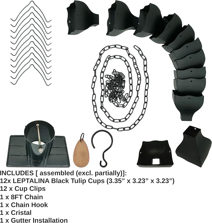 8.5FT Black Tulip Iron Rain Chains for Gutter and Rain Barrel, Replacement for Downspout, Rust-Resistant Plated Garden Décor Rain Chain, Bonus Rain Chain Gutter Adapter, Earrings for House