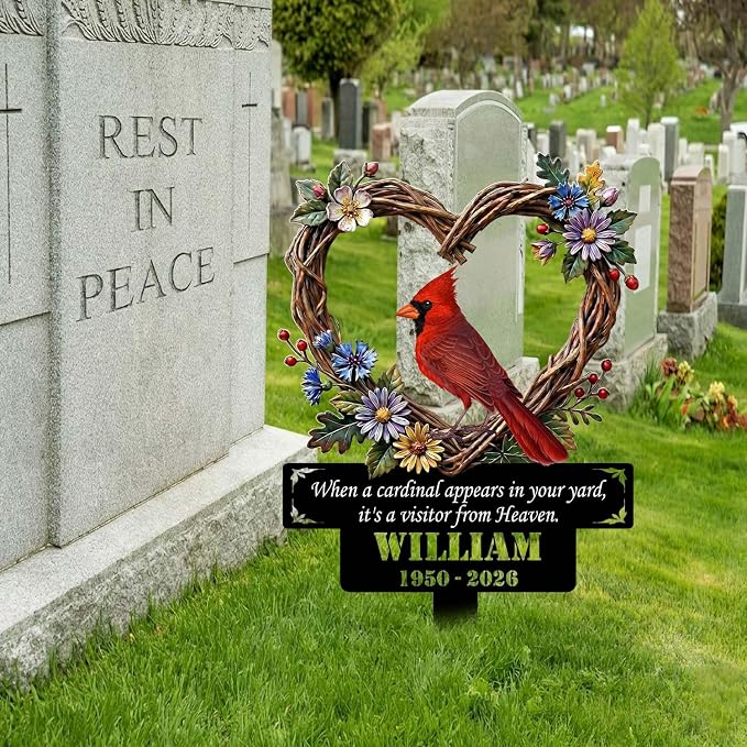 Personalized Cardinal Garden Sign with Stakes, Red Bird Metal Decor, Flower Yard Metal plaque, Gifts for Mom/Grandmother, Patio House Warming Gifts Outside